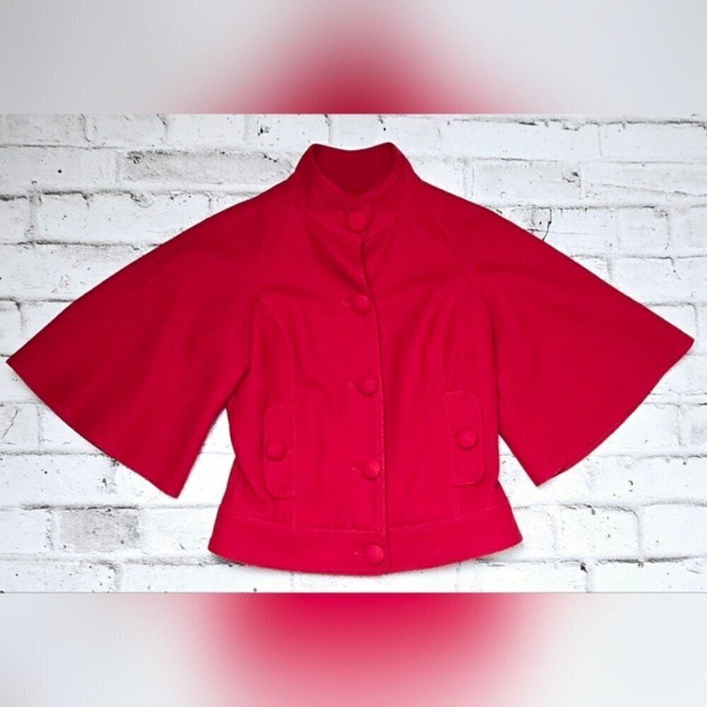 Dreamy Red Wool Pea Coat with Flare ¾ Sleeves - Picture 4 of 13